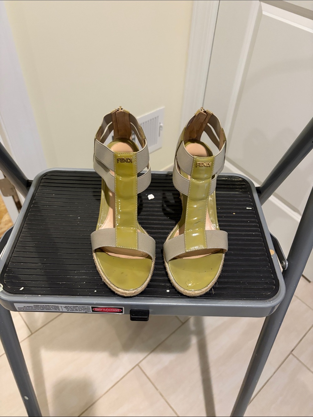 Fendi Olive and light green Patent Leather T-Strap Wedge Sandals